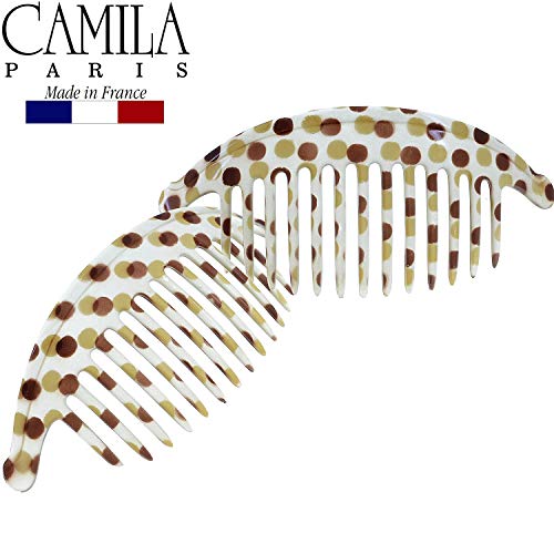 Image of Camila Paris CP1248 /2 French Hair Side Combs, Dots Interlocking Combs French Twist Hair Combs, Strong Hold Hair Clips for Women Bun Chignon Up-Do, Styling Girls Hair Accessories, Made in France