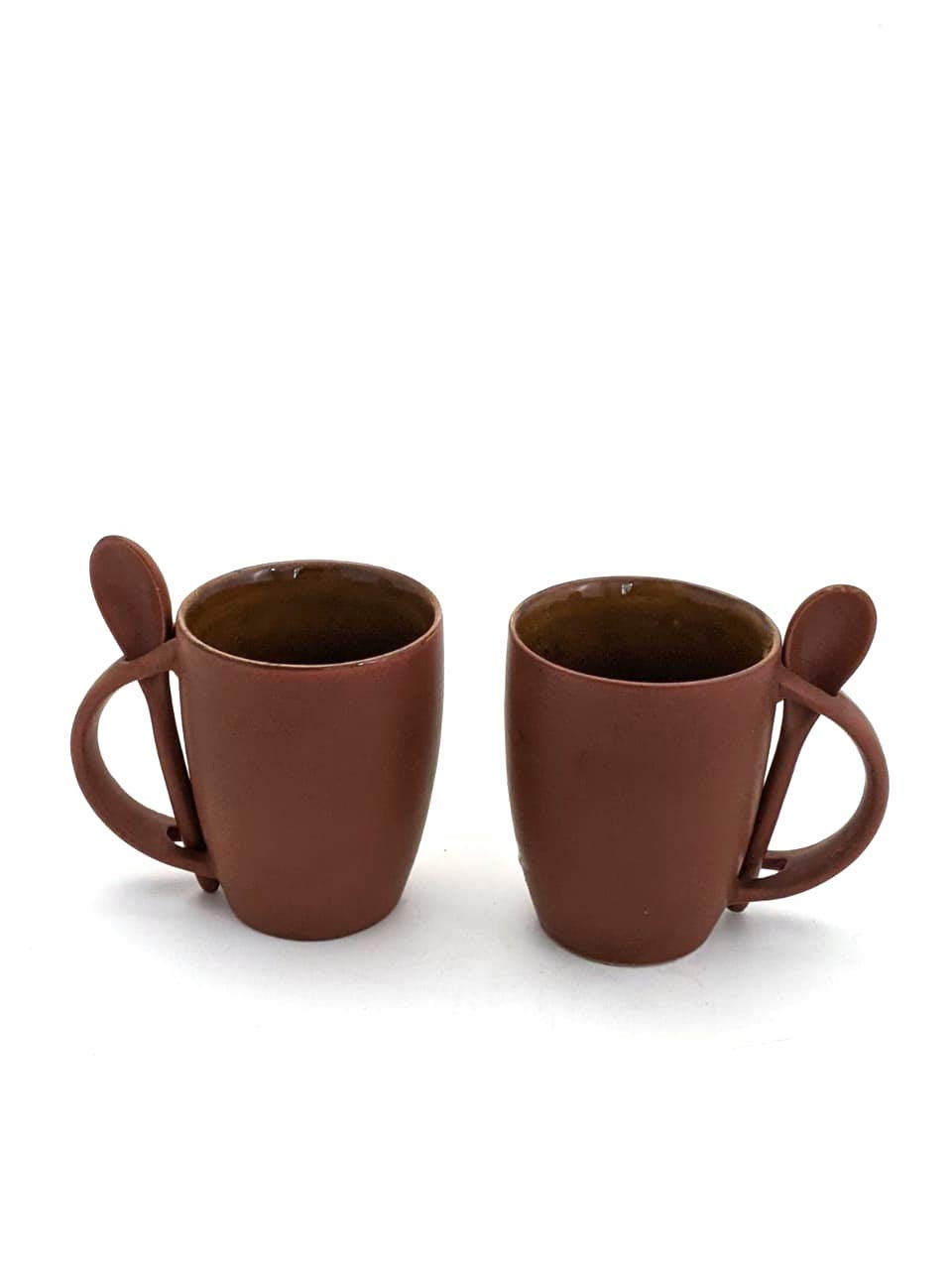 All About Home Ceramic Coffee Mug with Spoon(Brown) Set of 2