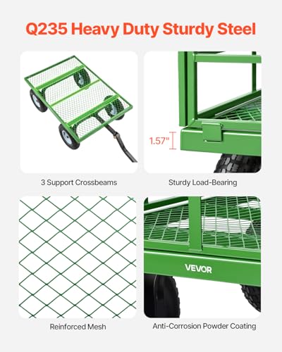 Image of VEVOR Steel Garden Cart, 1200 lbs Heavy Duty Pullable Garden Wagon Yard Cart, 2 in 1 Outdoor Metal Utility Wagon Yard Trailer with 13 inch All Terrain Tires, Mesh Detachable Sides and 180 Rotating Handle