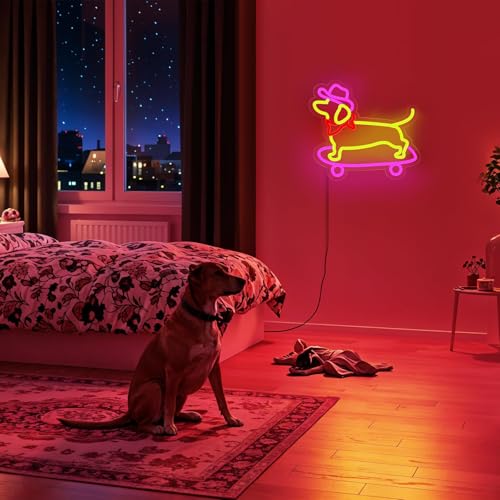 Image of Dachshund Dog Neon Sign for Wall Decor,Dimmable Skateboard Dog with Cowboy Hat Neon Light,Yellow Pink Puppy Light Up Signs for Pet Shop Bedroom Party Bar Background Christmas Decorations