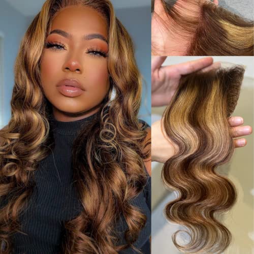ALHER Honey Blonde Highlight Brown Ombre 4/27 Colored Body Wave 4x4 Closure Human Hair Wavy Free Part Melt Lace 14 Inch 10A Brazilian Virgin Remy Pre Plucked With Baby Hair, 1.0 Count