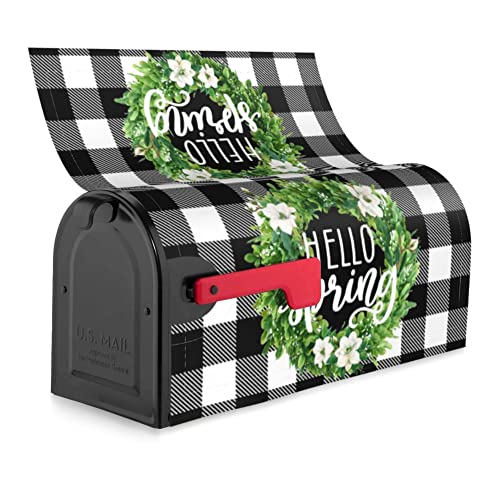 Hello Spring Buffalo Plaid Decor Mailbox Cover Magnetic Magnolia Mailbox Wraps Boxwood Wreath Post Letter Box Cover Home Garden Outdoor Decorations Standard Size 18" X 21" #TOP3