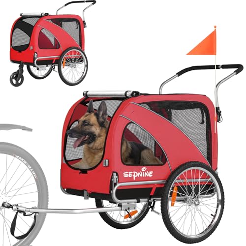 SEPNINE® Hunde Fahrradanhänger XL, 2 in 1 Hundeanhänger & Jogger bis zu 40 kg, faltbar mit Bremsen und Anhängerkupplung für mittelgroße und große Hunde-Rot