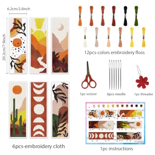 Image of INFUNLY 6PCS Boho Cross Stitch Bookmark Kits 8''x2.4'' Landscape Bookmark Making Kit Moon Phases DIY Stamped Embroidery Bookmarks for Beginners with Instruction for Book Lovers Reader Writers Gift