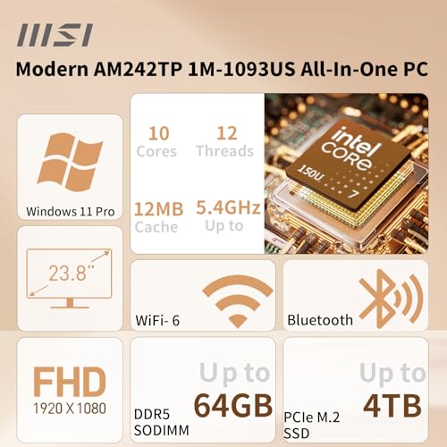 Image of msi Modern Business All-in-One Desktop, Intel Core 7 150U, 23.8 inch FHD IPS 1920x1080 Touchscreen, 64GB DDR5, 1TB SSD, Wi-Fi 6E, IR Camera, HDMI, DP, AI PC, Wireless KB & Mouse, Windows 11 Pro, Black