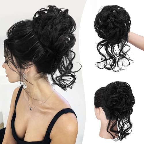 Sofeiyan Moños Postizos, Voluminoso Postizos de Pelo con Goma Rizado Sintética Donut Moño Extensiones Extensiones de Cabello Moño de Pelo Ondulado Postizo para Mujer, Negro