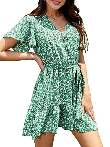 ZAFUL Women's Summer Wrap Dress Short Puff Sleeve Mini Dress Ditsy