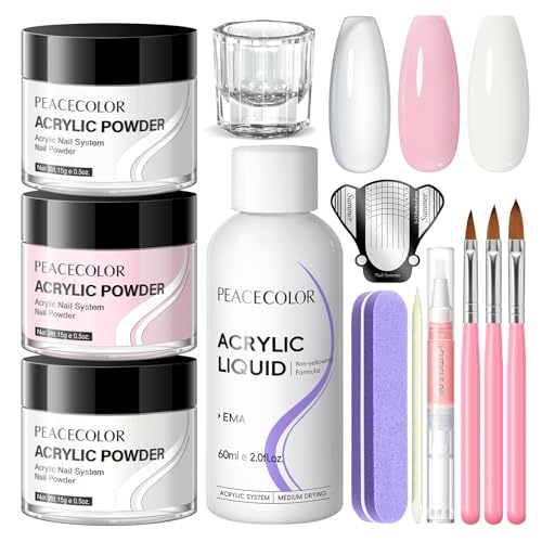 PEACECOLOR Acrylic Nail Kit: 15g×3 Colors Clear Pink White Acrylic Powder and Liquid Set with 3PCS Acrylic Nail Brush Nail Powder for Quick Application Nail Extension Home Salon