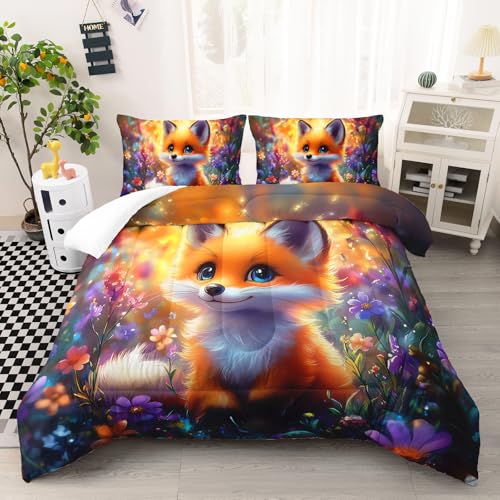 Image of AILONEN Kawaii Fox Comforter Set,Cartoon Fox Bedding Set Full Size for Kids Girls Boys,Cute Animal and Plants Flowers Duvet Set,3-Piece,1 Quilt + 2 Pillowcases,Soft Breathable