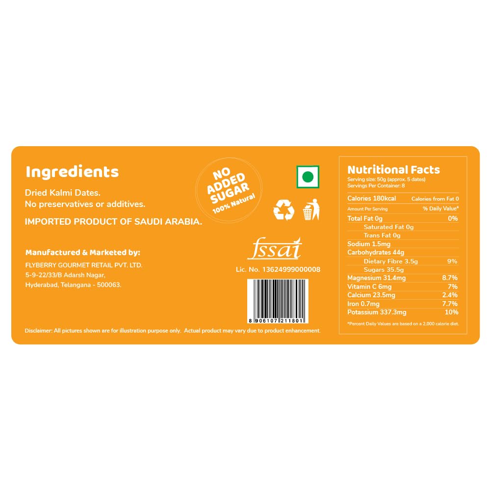 Flyberry Gourmet Kalmi Dates (Khajoor/Khajur) 400g | 100% Natural | Rich in Calcium, Iron and Potassium | Instant Energy 4