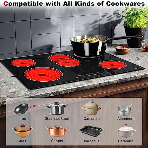 Image of Noxton Electric Cooktop 30 Inch, 8400W 5 Burners Drop-in Radiant Electric Stove Top, Sensor Touch Control, 9 Power Levels, Child Safety Lock, Timer,40Amps 220-240V Hardwire