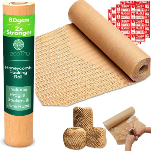 ecoTru Wabenpapier verpackungsmaterial 30cm x 50m Luftpolsterfolie Öko Alternative für umzug Verpackungspapier Papier noppenfolie füllmaterial für pakete Packpapier Bubble wrap packing rolle