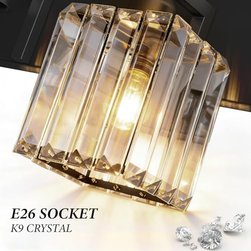 Image of Black Crystal Bathroom Vanity Light, 7-Light Modern Bathroom Lighting Fixtures Over Mirror, Matte Black Wall Sconce with Square Shade