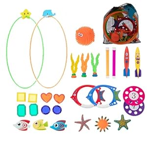 29pcs Swimming Pool Diving Toy with Swim Thru Rings for Kids Ages 4-8 8-12 Including Dive Gems Diving Sticks Storage Bag Summer Water Pool Games