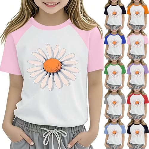 Girls Raglan Short Sleeve T-Shirts Cute Daisy Print Kids Summer Tops Loose Crewneck Casual Basic Tees for Boys 2-14 Years2