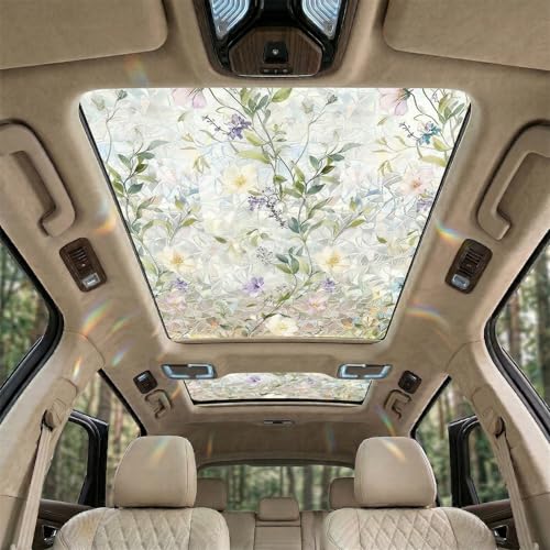 Stained Vintage Sunroof Decal for Car 18x48in Flower Sunroof Decal Film Floral Rainbow Effect Static Clings Stained Glass Window Privacy Film Sun Protection for Living Room Car Sunroof (Flower G)
