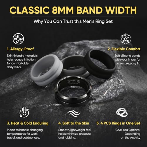 1 Tungsten Carbide and 3 Silicone Rings-Men's Wedding Band Set,Fit Size 8 - image 4