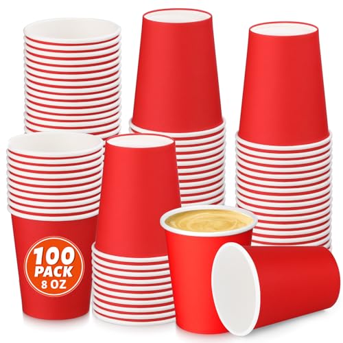 BUOKKON Lot de 100 gobelets en carton rouges de 236,8 g pour boissons chaudes et froides compostables jetables pour fête, bricolage, vacances, mariage,...