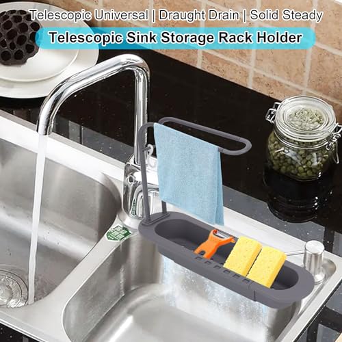 Organizador telescópico para fregadero con 3 esponjas, estante extensible para cocina con colgador de toallas (gris) miniatura 2