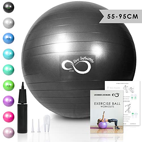 Live Infinitely Exercise Ball (55cm-95cm) Extra Thick Professional Grade Balance & Stability Ball- Anti Burst Tested Supports 2200lbs- Includes Hand Pump & Workout Guide Access (Black, 65 cm)