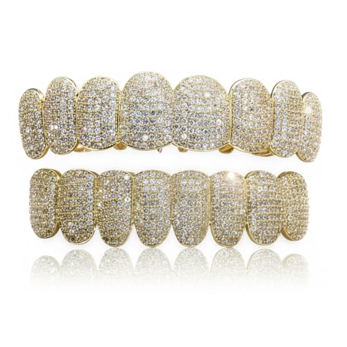 Hip Hop Gold Teeth Grills for Your Teeth 18K Gold Plated Brass Grillz for Men Women Iced Out Zirconia Diamond Gold Grillz for Teeth Adult Party Bling Tooth Grill Set with Case & Gel