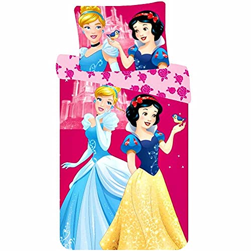 Le fantasie di casa Princesses Disney Blanc Neige et Cendrillon Parure de lit en coton pour fille 90 x 140 cm Taie d'oreiller 40 x 55 cm Rose