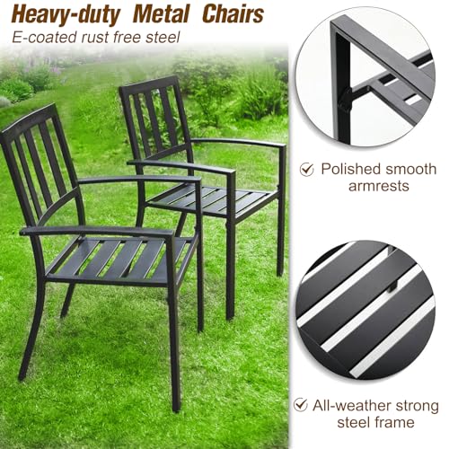 Image of PHI VILLA Patio Dining Set for 6, Stackable Chairs&Wood-Like Table | 65 inch Brown Wood-Like Metal Steel Dining Table & Black Iron Chairs, Patio Furniture Set for Patio, Deck, Yard, Porch