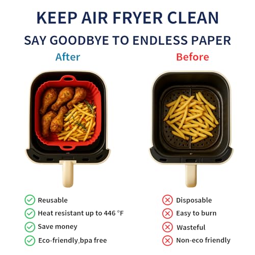 9 Inch Large Air Fryer Silicone Liners - 2 PCS Square Reusable AirFryer Basket Liners for 5-8QT Air fryer, Air fryer Accessories for Baking Roasting Microwave (Red + Blue)