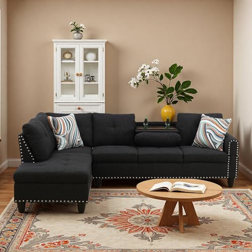 Image of L-Shaped Sectional Sofa, Modern 4-Seat Couch with Built-in Cup Holders, Upholstered Fabric Sectional Couch with Left Facing Chaise for Living Room, Apartment, Office, Black Gray
