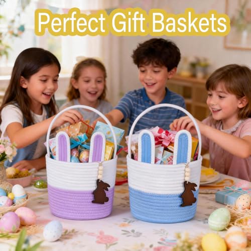 Image of Easter Basket Empty 2 PCS Bunny Woven Rope Easter Baskets for Kids Teens Easter Hunt Baskets with Handle Bags Easter Gifts for Kids Toddlers Girls Boys Teens Set of 2 Blue and Purple