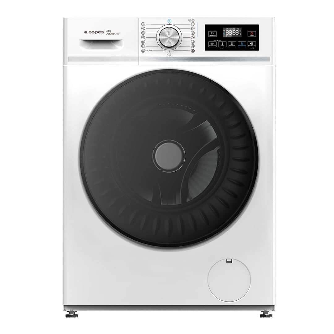 Aspes Lavatrice 6 kg carico frontale, bianca, AL6205AIDV, motore inverter, display digitale, porta nera, classe di efficienza energetica A, tamburo Waterdrop, 14 programmi, sistema Eco-Logic