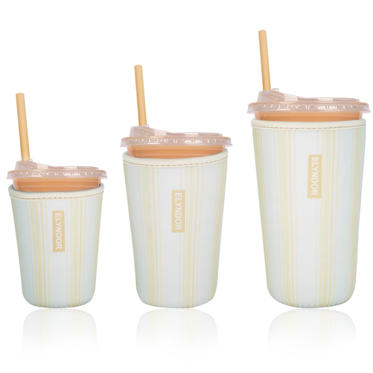 Reusable Insulated Sleeve for Iced Coffee Cup, 3-Pack Coffee Neoprene Drink Sleeve for Cold &amp; Hot Drinks, Beverage Holder for Iced Coffee (Yellow Lines)