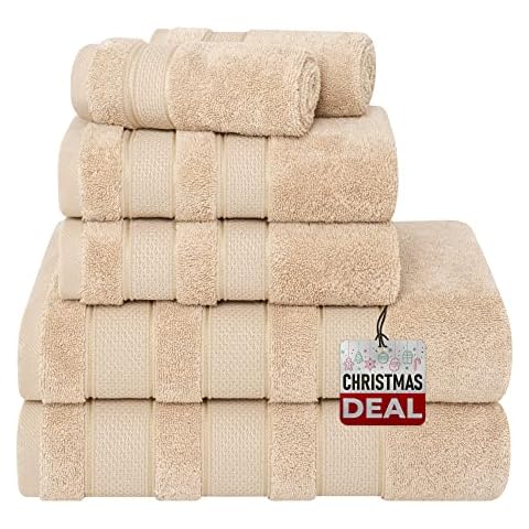 American Soft Linen, Salem Bath Towel Set, 6 Piece Towels for Bathroom, 100% Turkish Combed Cotton 2 Bath Towels 2 Hand Towels 2 Washcloths, Beige Cover