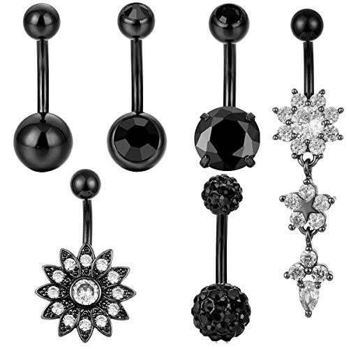 NASAMA 6PCS 14G Stainless Steel Dangle Belly Button Rings for Women Girls CZ Navel Barbell Stud Body Piercing (Black)