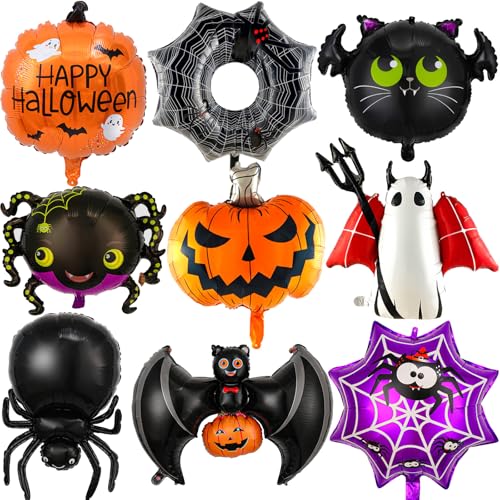 XJYXQF Halloween Balloons Set - 9Pcs Foil Ghost Spider Pumpkin & Bat Balloons for Scary Party Decorations Indoor Outdoor Halloween Party Supplies Haunted House Trick or Treat