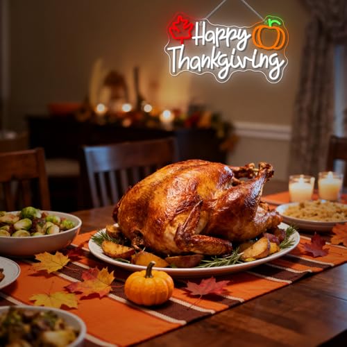 Image of Happy Thankgiving Neon Sign Thanksgiving Autumn Harvest Pumpkin Decoration LED Neon Light for Wall Decor Bedroom Living Room Kitchen USB Powered Adjustable Light Decor