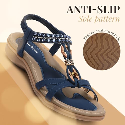 Image of Littleplum Womens Sandals Arch Support Slingback Rhinestone Dressy Sandals Comfort Summer Shoes Ankle Strap Elastic Flats for Beach Walking
