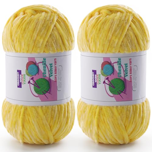 Image of Chenille Velvet Yarn for Crocheting, Yellow Fuzzy Fluffy Yarn for Crochet | 2 Pack of 3.5 Oz /131.2 Yds Bulky Thick Chunky Yarn for Crocheting, Soft Amigurumi Yarn for knitting Baby Blankets, Scarves