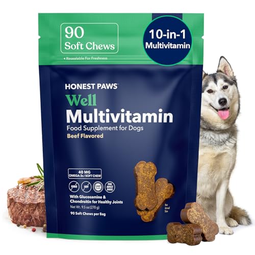 Honest Paws (90 Count) Dog Multivitamin Soft Chews with 10 Essential Vitamins - Joint, Coat, Immune, Eye & Heart Support - with Glucosamine, Chondroitin & Omega-3 - Beef Flavor