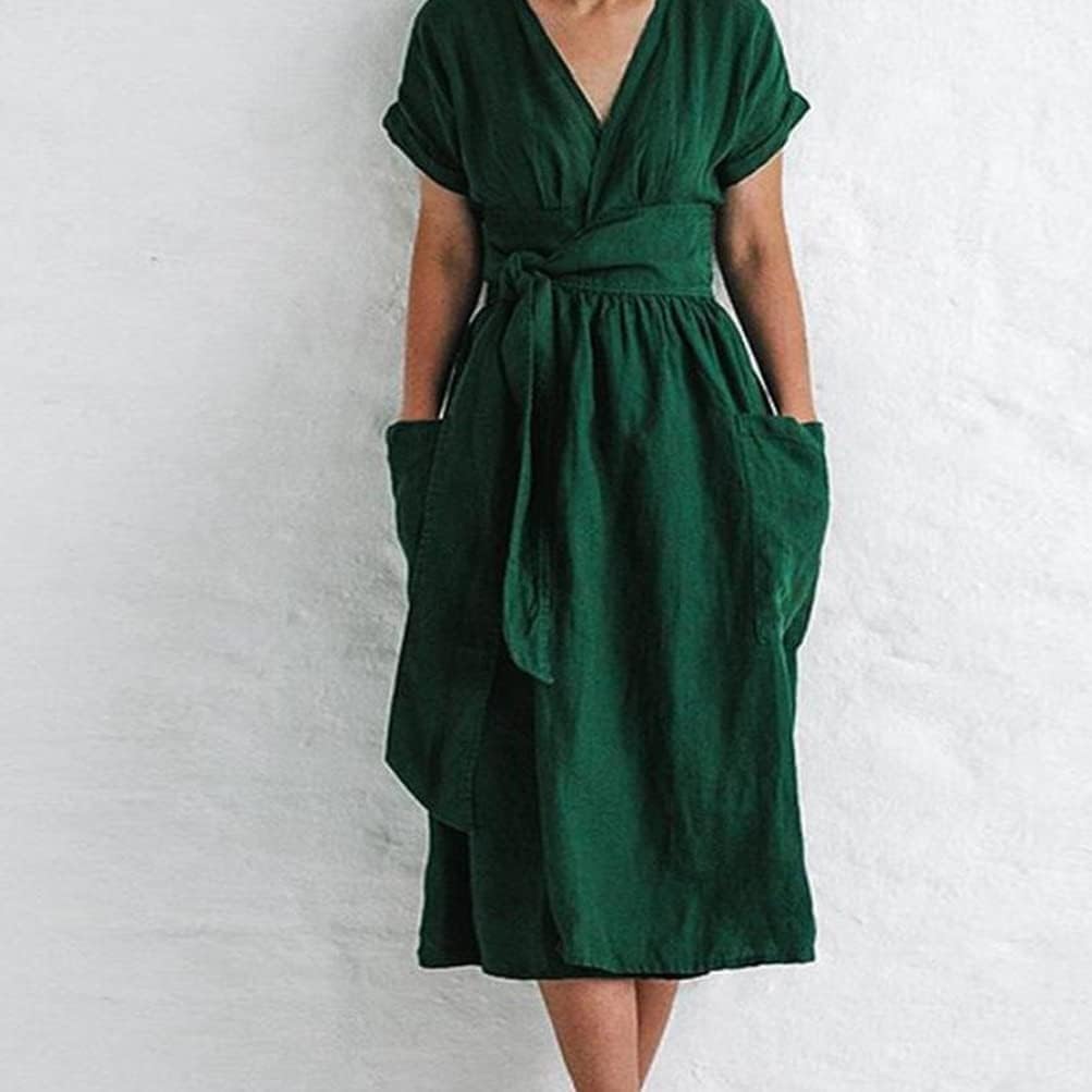 Akivide Women's Summer Cotton Linen V Neck Belt Wrap Kimono Dresses Short Sleeve Cocktail Party Midi Dress with Pockets