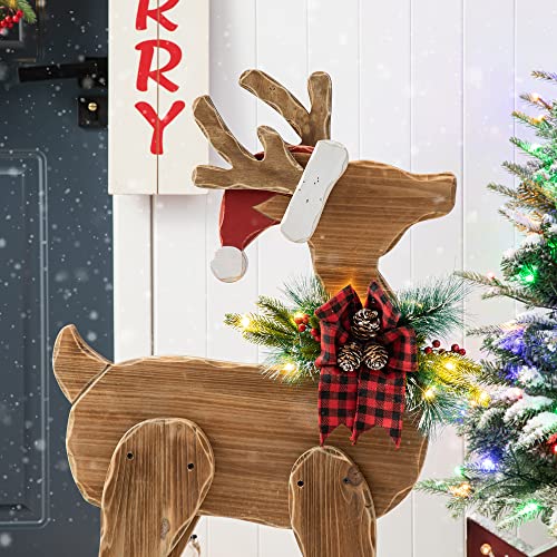 Image of Glitzhome 36 inch H Lighted Wooden Christmas Chunky Reindeer Porch Sign Standing Deer Porch Decor Rustic Merry Christmas Welcome Sign Holiday Party Outdoor Indoor Xmas Decorations