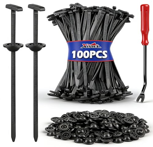 Xislet 150mm Long Zip Ties 100Pcs Nylon Universal Cable Tie Buckle 50lb+ Heavy Duty Zip Ties with Vertical T-Head & Umbrella Button PA66 Car Zip Tie Bumper Fender Liner Splash Shield Engine Cover