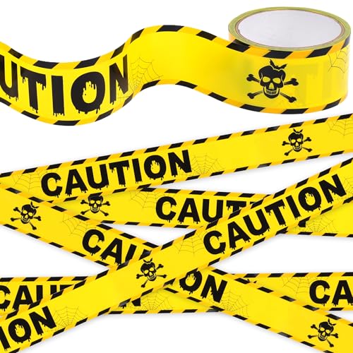 DISHIO Halloween Decoration Caution Tape, 1.9inx90ft Warning Caution Tapes Roll Hazard Warning Tape, Indoor Outdoor Halloween Decor, Yellow Warning Tape with Skeleton Design for Halloween Decorations