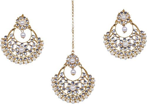 naina creationsWhite Crystal Kundan Maang Tika And Earrings Set For Women