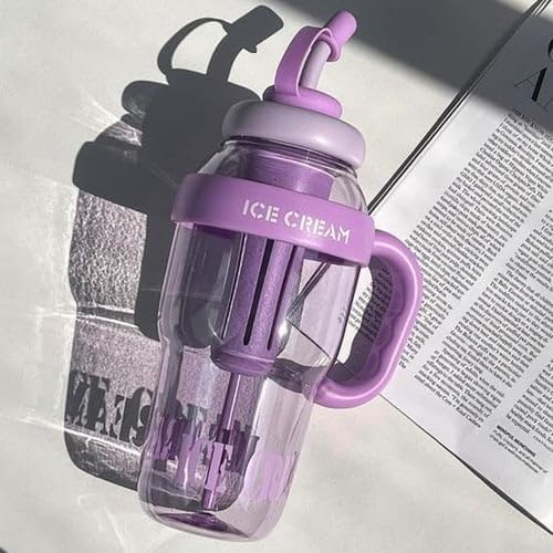 Image of 1300ml Large Capacity Insulated Transparent Tumbler Bottle with Straw & Handle, Leakproof Detox, Green Tea, Milkshake, Beverages, Juice & Cold Drinks | Gym, Travel, Office & Fitness (PURPLE)