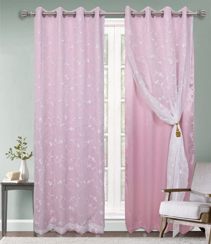 Image of 2 in 1 Embroidery Transparent Polyester Door Curtain with 80% Blackout Set of 2 Pieces(6 Feet, White Embroidery+Pink Blackout)