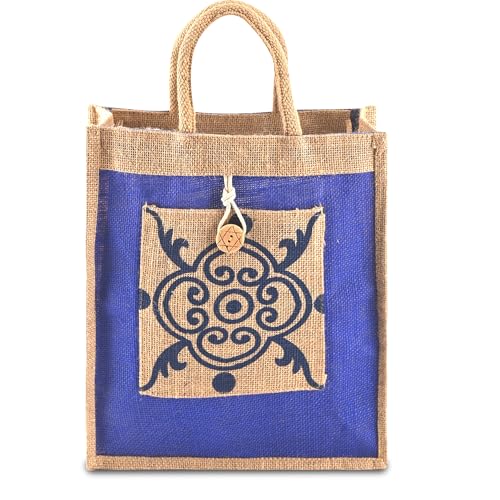 Image of Kuber Industries 3 Pcs Jute Medium Shopping Bag for Women with Handle | Reusable Carry /Shopping Bag for Grocery | Flower Design - Brown & Blue