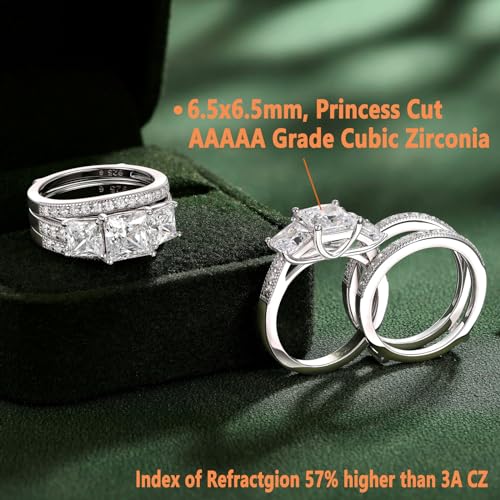 SHELOVES Three-Stone Princess Cut AAAAA Cz Wedding Rings Set Ring Enhancers 925 Sterling Silver Sz 5-102