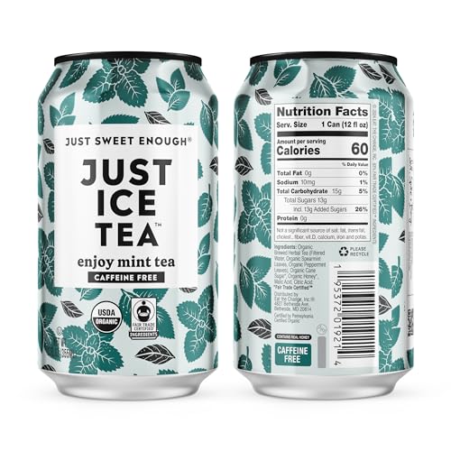 Image of Just Ice Tea, Enjoy Mint Iced Tea, 12-Pack (12oz Cans), Caffeine Free Herbal Tea, USDA Certified Organic, Real Brewed, Low Calorie, No Artificial Sweeteners, Fair Trade, Made in USA.