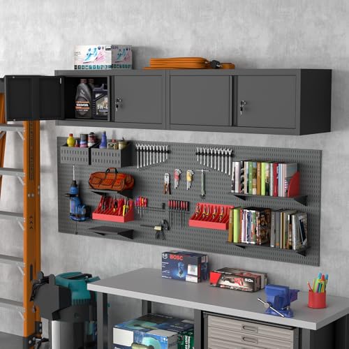 Image of Garage Locking Cabinet, 13 inch H Garage Storage Cabinet Wall Mounted, Floating Storage Organization for RV, Hanging Tool Storage Cabinets for School, Office, Warehouse, Black
